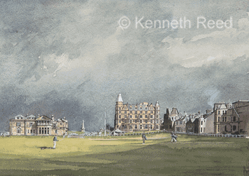 Limited Edition fine art print of storm clouds over the Old Course at St. Andrews, the home of golf, Scotland from a painting by Ken Reed