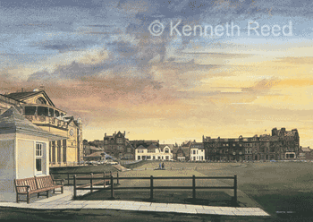 Limited Edition fine art print of sunset over the Old Course at St. Andrews, the home of golf, Scotland from a painting by Ken Reed