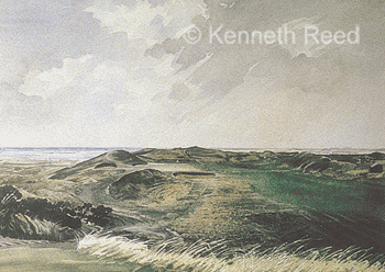 Limited Edition fine art print of the Postage Stamp hole at Royal Troon golf course, Scotland from a painting by Ken Reed