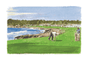 miniature fine art print of the 18th hole on the Pebble Beach golf course from an original painting by Ken Reed