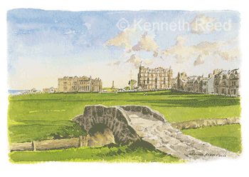 Miniature fine art print of Swilkin (Swilken) Bridge at St. Andrews, the home of golf, Scotland from a painting by Ken Reed.