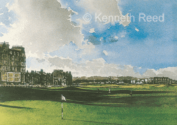 Limited Edition fine art print of the 18th Tom Morris hole on the Old Course at St. Andrews, the home of golf, Scotland from a painting by Ken Reed. Part of the Old Course Portfolio