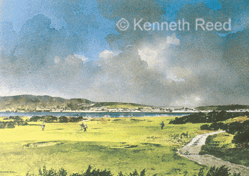 Limited Edition fine art print of the 6th Heathery Out hole on the Old Course at St. Andrews, the home of golf, Scotland from a painting by Ken Reed. Part of the Old Course Portfolio
