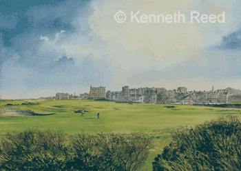 Open Edition fine art print of the 17th hole Old Course, St. Andrews golf course, Scotland from a painting by Ken Reed