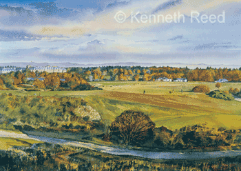 Open Edition fine art print of the 1st green on the Kings Course, Gleneagles golf resort, Scotland from a painting by Ken Reed
