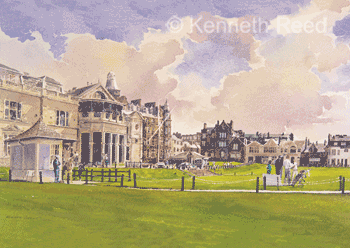Open edition fine art print of the 1st Tee on the Old Course St. Andrews and the home of golf Royal and Ancient club from a painting by Ken Reed