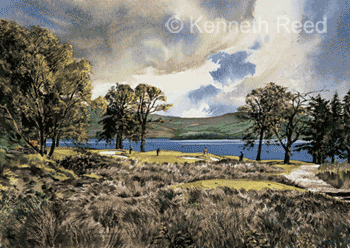 Open Edition fine art print of the 5th hole on Loch Lomond golf course, Scotland from a painting by Ken Reed