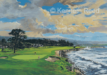 Limited Edition fine art print of the 18th hole on the Pebble Beach golf course, U.S.A, one of the world's best from a painting by Ken Reed.