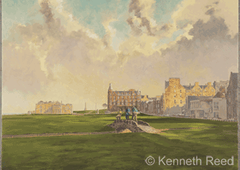 Original painting by Kenneth Reed of Swilkin (Swilken) Bridge on the St. Andrews golf course, Scotland