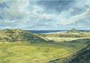 print of the 16th green, Bamburgh Castle golf course, Scotland from a painting by Ken Reed