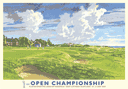 Poster for The Open Golf Championship Muirfield golf course 2002 art-deco style design and painting by Ken Reed