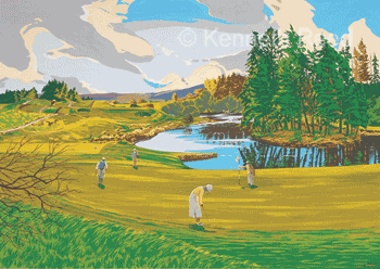 Limited Edition fine art print of the 13th hole on the Queens Course at Gleneagles golf resort, Scotland from a painting by Ken Reed