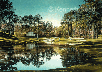 Limited Edition fine art print of the 16th hole Redbud on the Augusta golf course, USA from a painting by Ken Reed