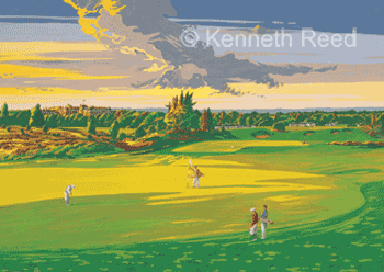 Limited Edition fine art print of the 17th green on the Kings Course at Gleneagles golf resort, Scotland from a painting by Ken Reed