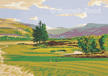 Limited Edition fine art print of the 1st hole on the Monarchs Course at Gleneagles golf resort, Scotland from a painting by Ken Reed