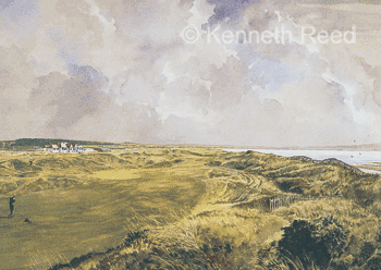 Limited Edition fine art print of the 6th hole at Western Gailes golf course, Ayrshire Scotland from a painting by Ken Reed
