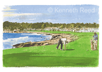 Miniature fine art print of the 18th green on the golf course at Pebble Beach, U.S.A from a painting by Ken Reed.