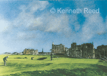 Limited Edition fine art print of the 17th Road hole on the Old Course at St. Andrews, the home of golf, Scotland from a painting by Ken Reed. Part of the Old Course Portfolio