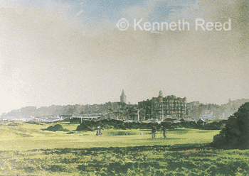 Limited Edition fine art print of the 2nd Dyke hole on the Old Course at St. Andrews, the home of golf, Scotland from a painting by Ken Reed. Part of the Old Course Portfolio