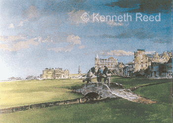 Limited Edition fine art print of the Swilkin (Swilken) Bridge on the Old Course at St. Andrews, the home of golf, Scotland from a painting by Ken Reed. Part of the Old Course Portfolio