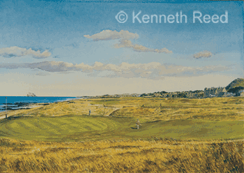 Open Edition fine art print of the 14th hole on the West Course, North Berwick links golf course, Scotland from a painting by Ken Reed