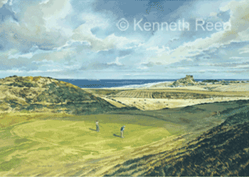 Open Edition fine art print of Bamburgh Castle golf course, England from a painting by Ken Reed