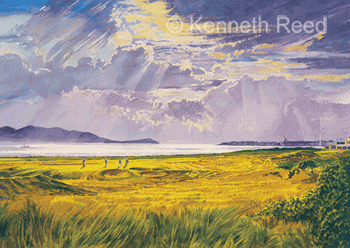 fine art print of 17th green at Royal Troon links golf course, Scotland from a painting by Ken Reed