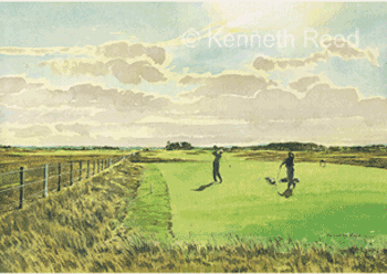 Open Edition fine art print of the 6th hole Hogans Alley Carnoustie golf course, Scotland from a painting by Ken Reed