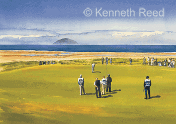 Open Edition fine art print of Palmer, Player and Beman on the 4th green Ailsa golf course, Turnberry, Scotland from a painting by Ken Reed