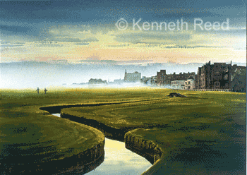 Open Edition fine art print showing sunrise behind Swilken (Swilkin) bridge at St. Andrews golf course, Scotland from a painting by Ken Reed