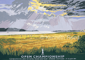 Limited Edition and Open Edition fine art print of the official poster for the 1997 Open Golf Championship played at Royal Troon golf course, Scotland from a painting by Ken Reed.
