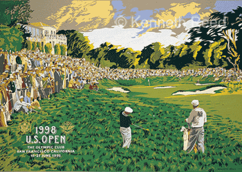 Limited Edition and Open Edition fine art print of the official poster for the 1998 U.S. Open Golf Championship played at the Olympic Club golf course, U.S.A. from a painting by Ken Reed.