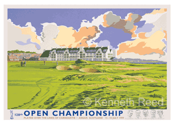 Limited Edition and Open Edition fine art print of the official poster for the 1999 Open Golf Championship played at Carnoustie golf course, Scotland from a painting by Ken Reed.