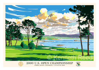 Limited Edition and Open Edition fine art print of the official poster for the 2000 U.S. Open Golf Championship played at Pebble Beach golf course from a painting by Ken Reed.