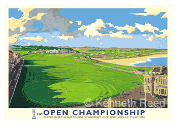 Limited Edition and Open Edition fine art print of the official poster for the 2000 Open Golf Championship played at St. Andrews, the home of golf, Scotland from a painting by Ken Reed.
