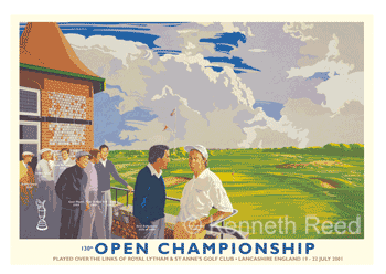 Limited Edition and Open Edition fine art print of the official poster for the 2001 Open Golf Championship played at Royal Lytham and St. Annes golf course from a painting by Ken Reed.