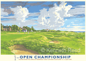 Limited Edition and Open Edition fine art print of the official poster for the 2002 Open Golf Championship played at Muirfield golf course, Scotland from a painting by Ken Reed.