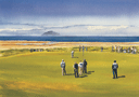 print of Palmer, Player and Beman on the 4th green at Turnberry golf course, Scotland from a painting by Ken Reed
