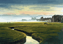 print of sunrise over Swilkin Bridge, Old Course, St. Andrews golf club, Scotland from a painting by Ken Reed
