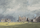 print of storm clouds over the old course at St. Andrews golf course from a painting by Ken Reed